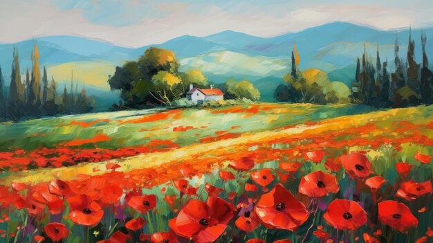 Une peinture d'un champ de coquelicots devant une montagne.