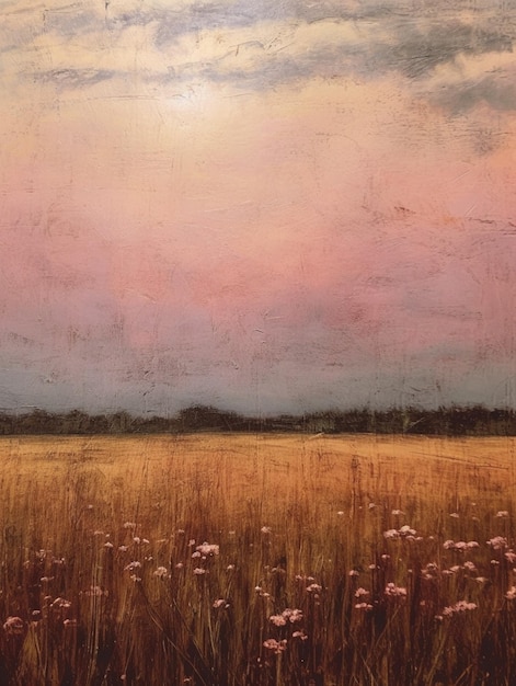 Peinture d'un champ avec un coucher de soleil en arrière-plan
