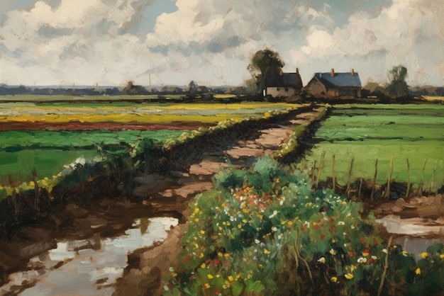 Une peinture d'un champ avec une ferme en arrière-plan.