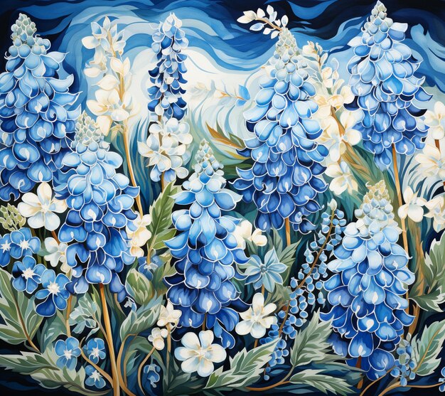 peinture d'un champ de fleurs bleues avec une libellule volant au-dessus