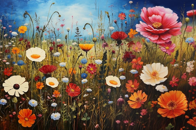 peinture d'un champ de fleurs avec un ciel bleu en arrière-plan