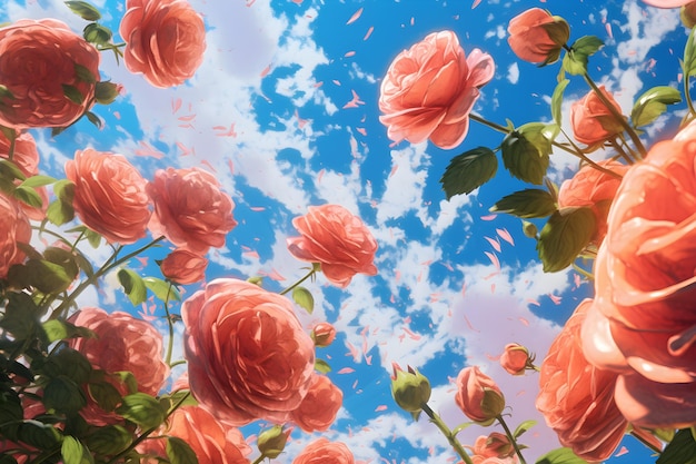 Une peinture d'un champ de fleurs avec un ciel bleu