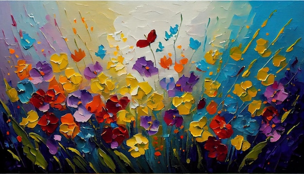Une peinture d'un champ de fleurs colorées avec un papillon.