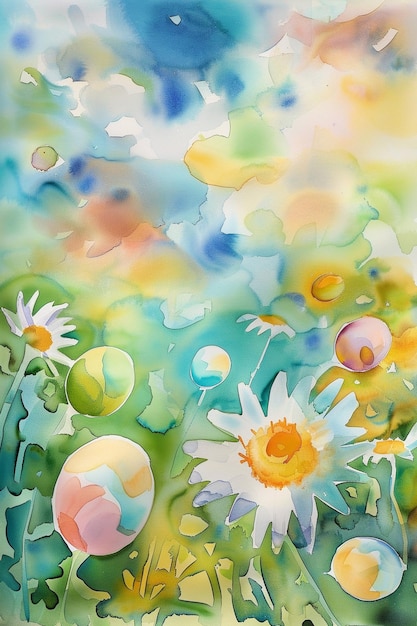 peinture d'un champ de fleurs avec un fond de ciel génératif ai