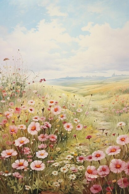 peinture d'un champ avec des fleurs et un fond de ciel génératif ai