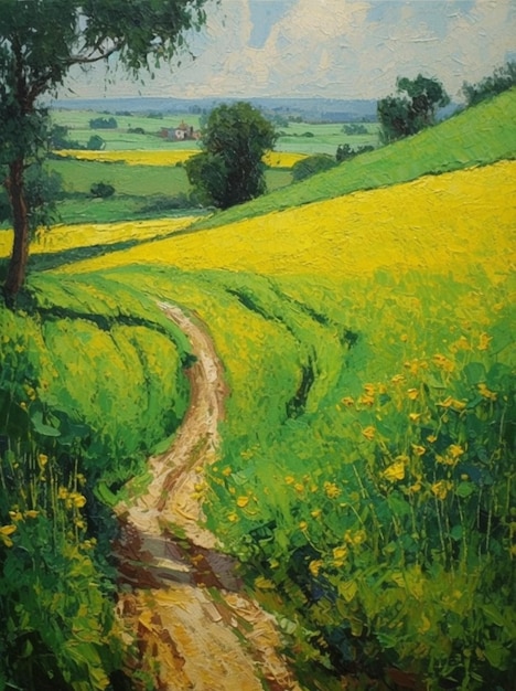 Une peinture d'un champ de fleurs jaunes avec un chemin de terre au milieu.