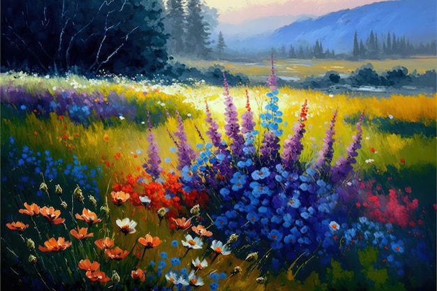 Une peinture d'un champ de fleurs avec une montagne en arrière-plan.