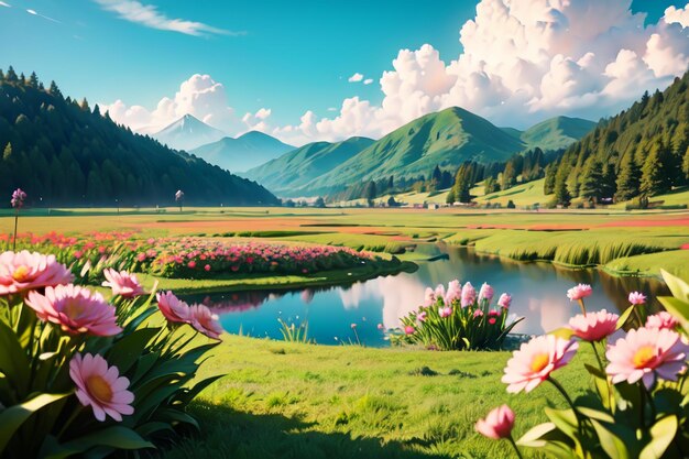 Une peinture d'un champ avec des fleurs et des montagnes en arrière-plan.