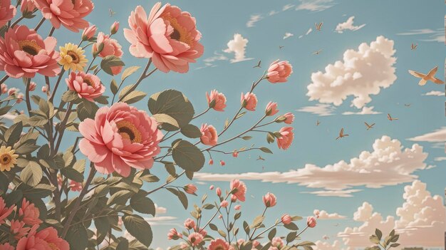 une peinture d'un champ de fleurs avec des oiseaux qui volent autour et un ciel avec des nuages