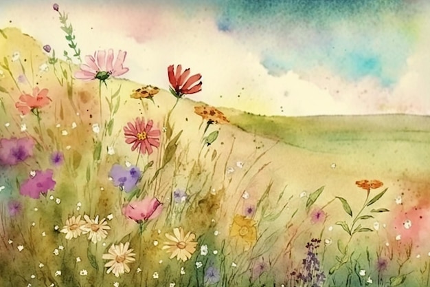 Peinture d'un champ avec des fleurs sauvages et un oiseau dans le ciel ai générative