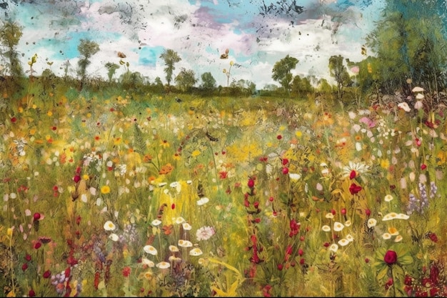 Une peinture d'un champ de fleurs sauvages.