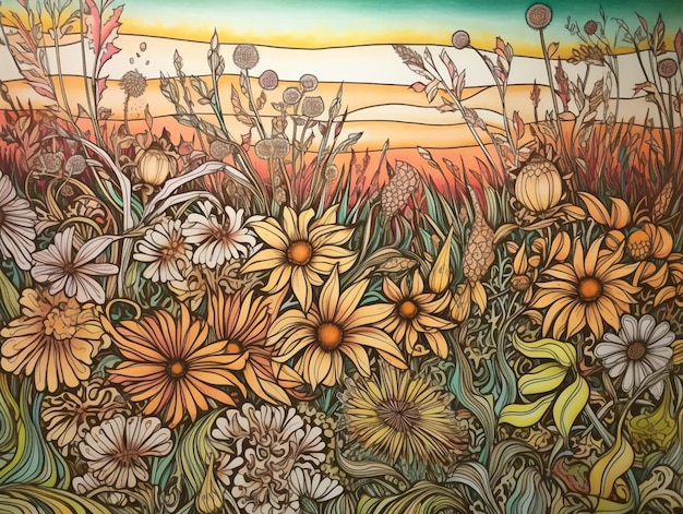 Une peinture d'un champ de fleurs avec le soleil en arrière-plan.