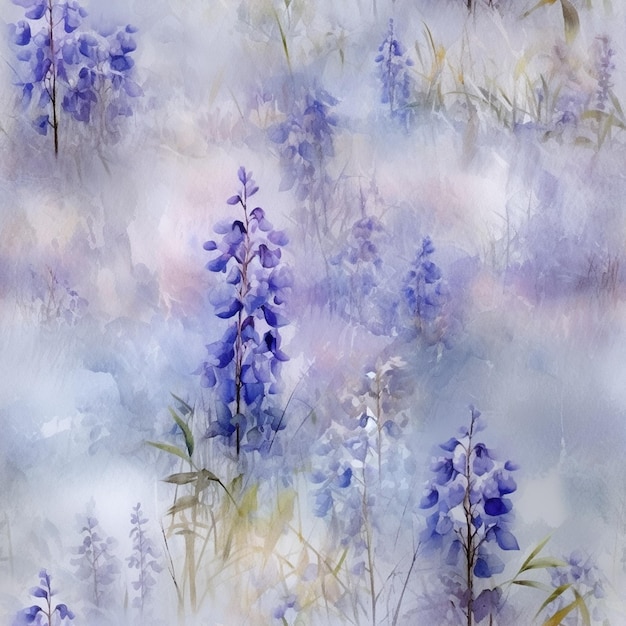 peinture d'un champ de fleurs violettes avec un ciel d'arrière-plan génératif ai