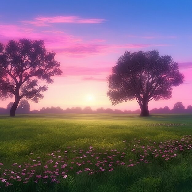 Une peinture d'un champ avec des fleurs violettes et un ciel rose avec le soleil se couchant derrière eux.