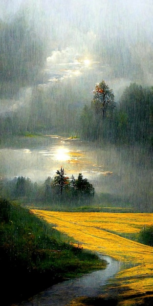 Peinture d'un champ jaune sous la pluie