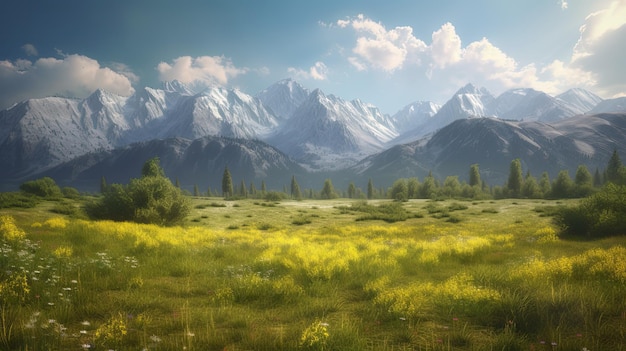 Une peinture d'un champ avec des montagnes en arrière-plan