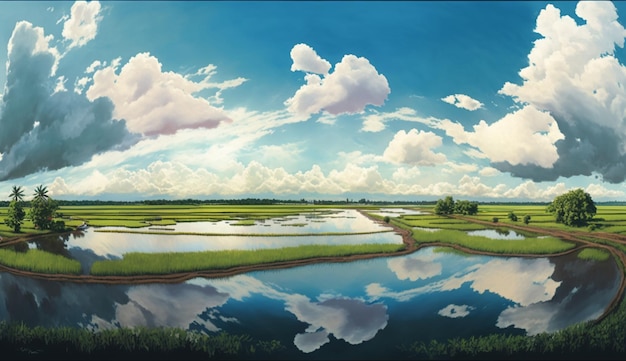 Une peinture d'un champ avec des nuages et un ciel bleu