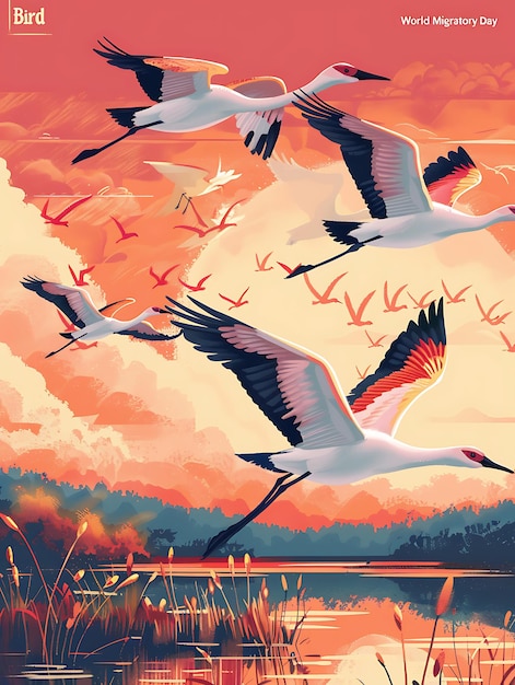 Photo une peinture d'un champ avec des oiseaux volant dans le ciel