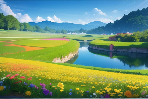 Une peinture d'un champ avec une rivière et une montagne en arrière-plan.