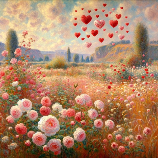Photo peinture d'un champ de roses avec des cœurs dans le style de claude monet