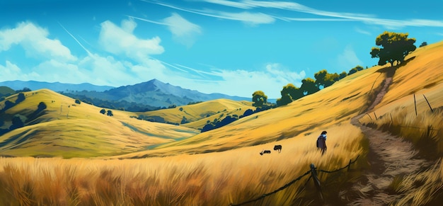 Une peinture d'un champ avec des vaches