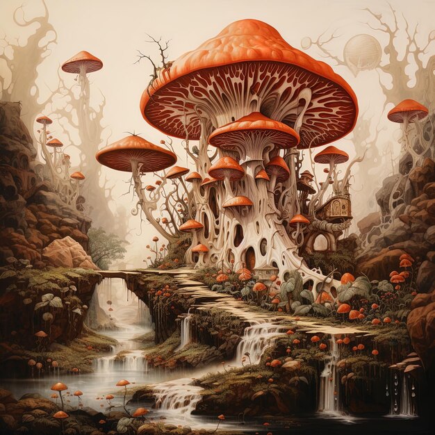 une peinture d'un champignon avec une cascade et une cascade en arrière-plan