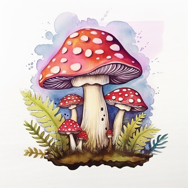 Une peinture d'un champignon avec un chapeau rouge et un chapeau blanc.