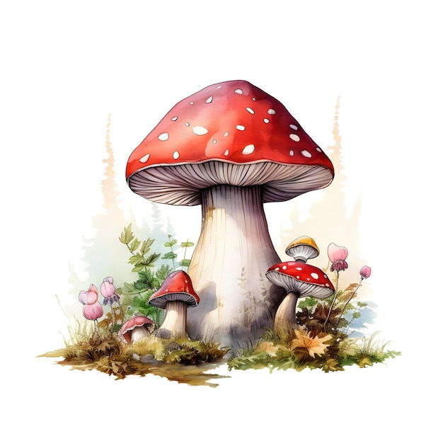 Une peinture d'un champignon avec un chapeau rouge et un chapeau blanc