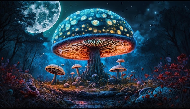 Une peinture d'un champignon avec la lune en arrière-plan.