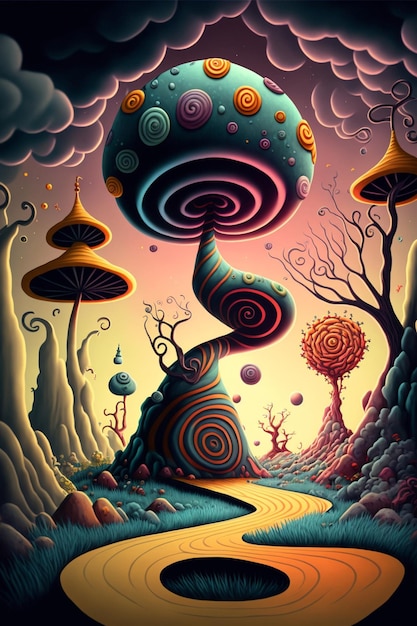 Peinture d'une champignonnière au milieu d'une forêt ai générative
