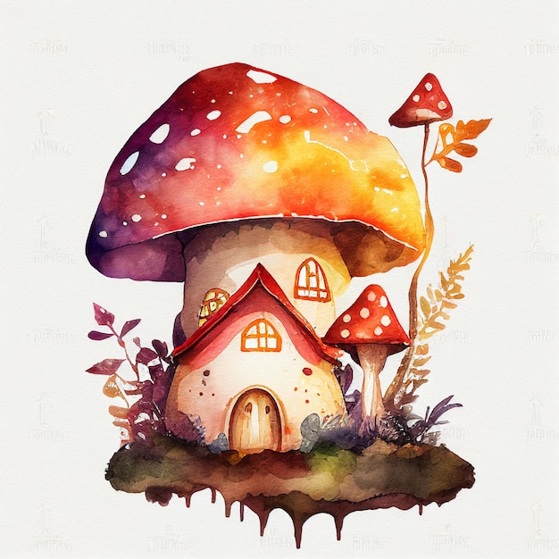 Une peinture d'une champignonnière avec une champignonnière dessus.
