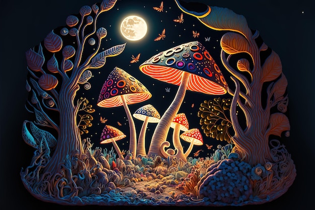 une peinture de champignons et un arbre avec une pleine lune en arrière-plan