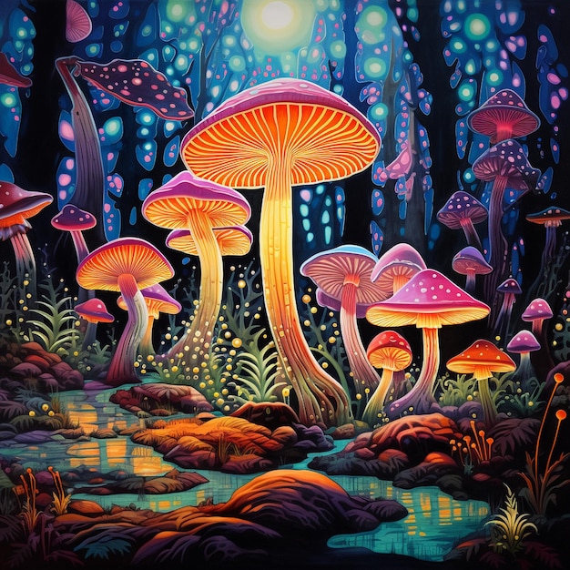 une peinture de champignons et autres plantes avec un fond coloré.