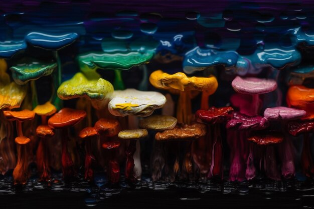 Une peinture de champignons colorés avec le mot « sur le fond ».