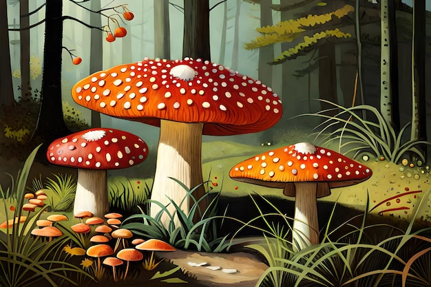 Une peinture de champignons dans une forêt avec un bonnet rouge et blanc