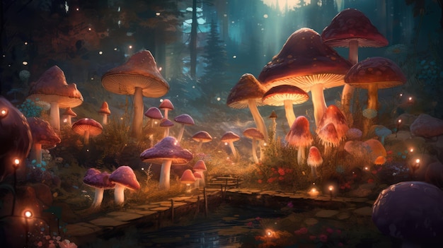 Une peinture de champignons dans une forêt avec une lumière au sol.