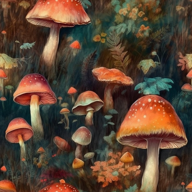 Une peinture de champignons dans la forêt avec les mots "champignon" en bas.