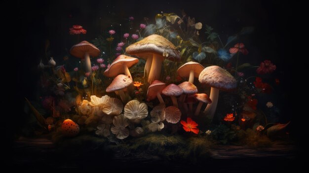 Une peinture de champignons dans une pièce sombre