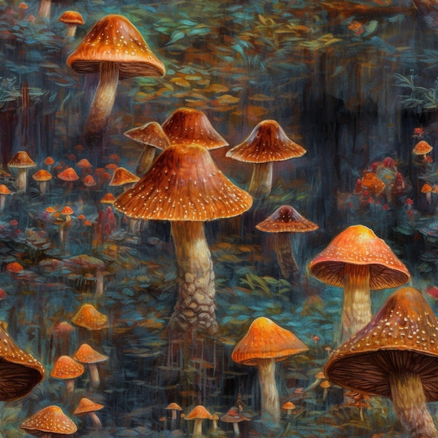 Une peinture de champignons avec le mot " dessus "