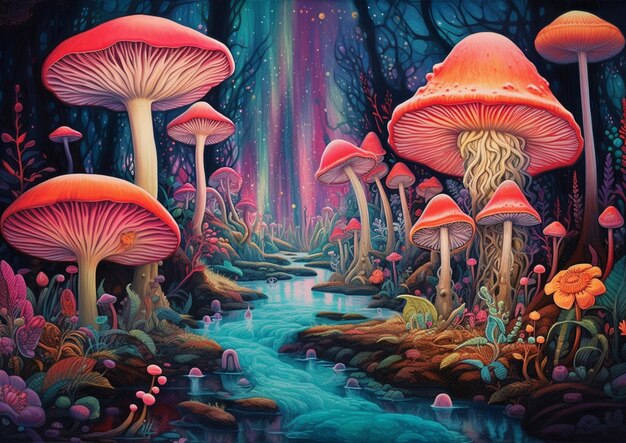 Une peinture de champignons avec un ruisseau en arrière-plan