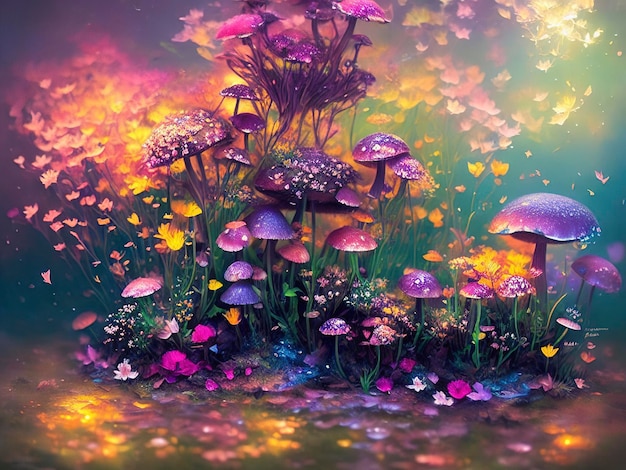 Une peinture de champignons violets avec un fond arc-en-ciel.