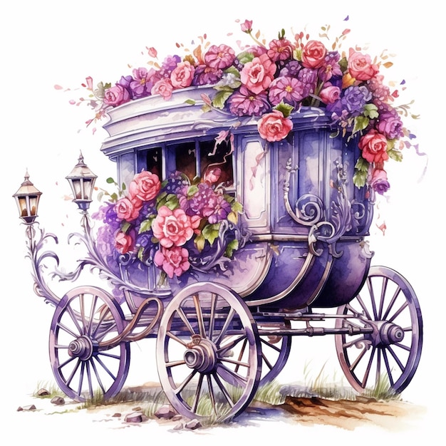 peinture d'un chariot avec des fleurs à l'arrière