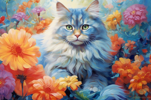 Peinture d'un chat assis dans un champ de fleurs