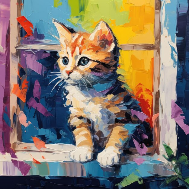 Une peinture d'un chat assis dans une fenêtre avec un fond jaune.