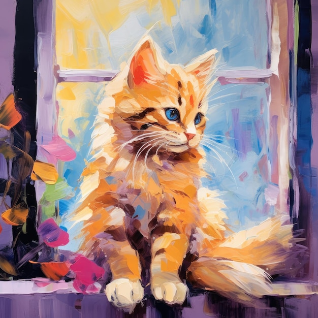 Une peinture d'un chat assis sur un seuil de fenêtre.