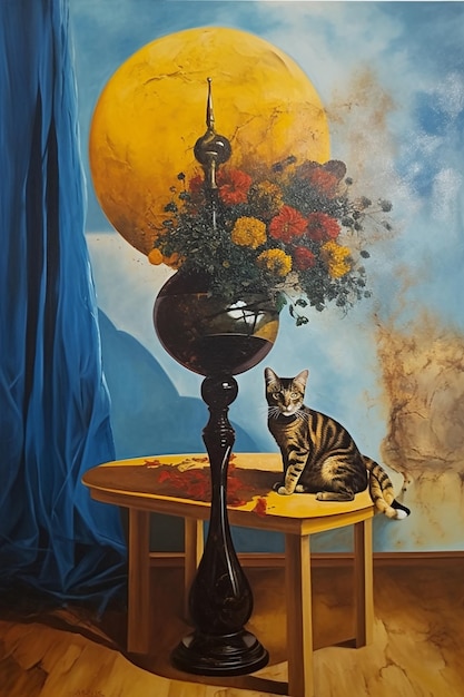 Une peinture d'un chat assis sur une table avec un vase de fleurs dessus.