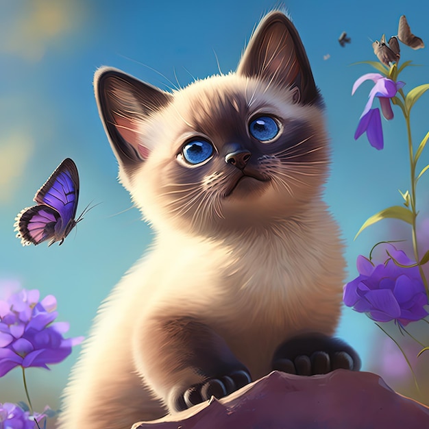 Une peinture d'un chat aux yeux bleus et un papillon sur le nez.