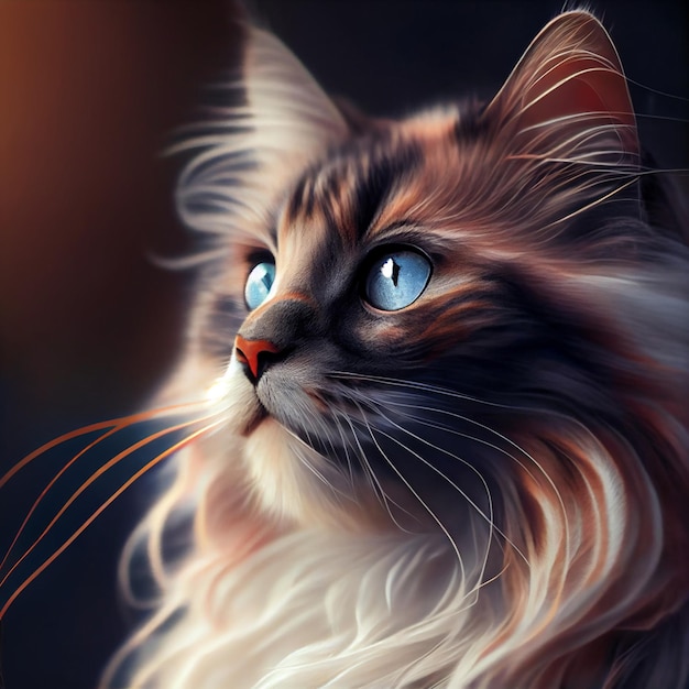 Une peinture d'un chat aux yeux bleus.
