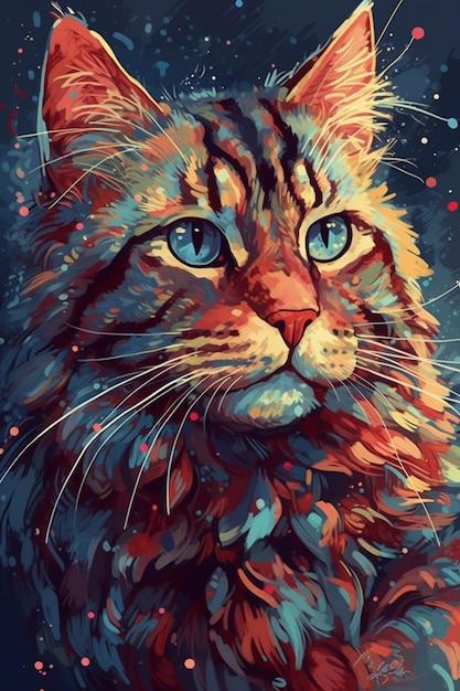 Une peinture d'un chat aux yeux bleus.