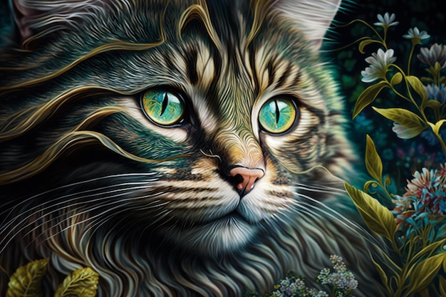 Peinture de chat aux yeux verts Generative AI